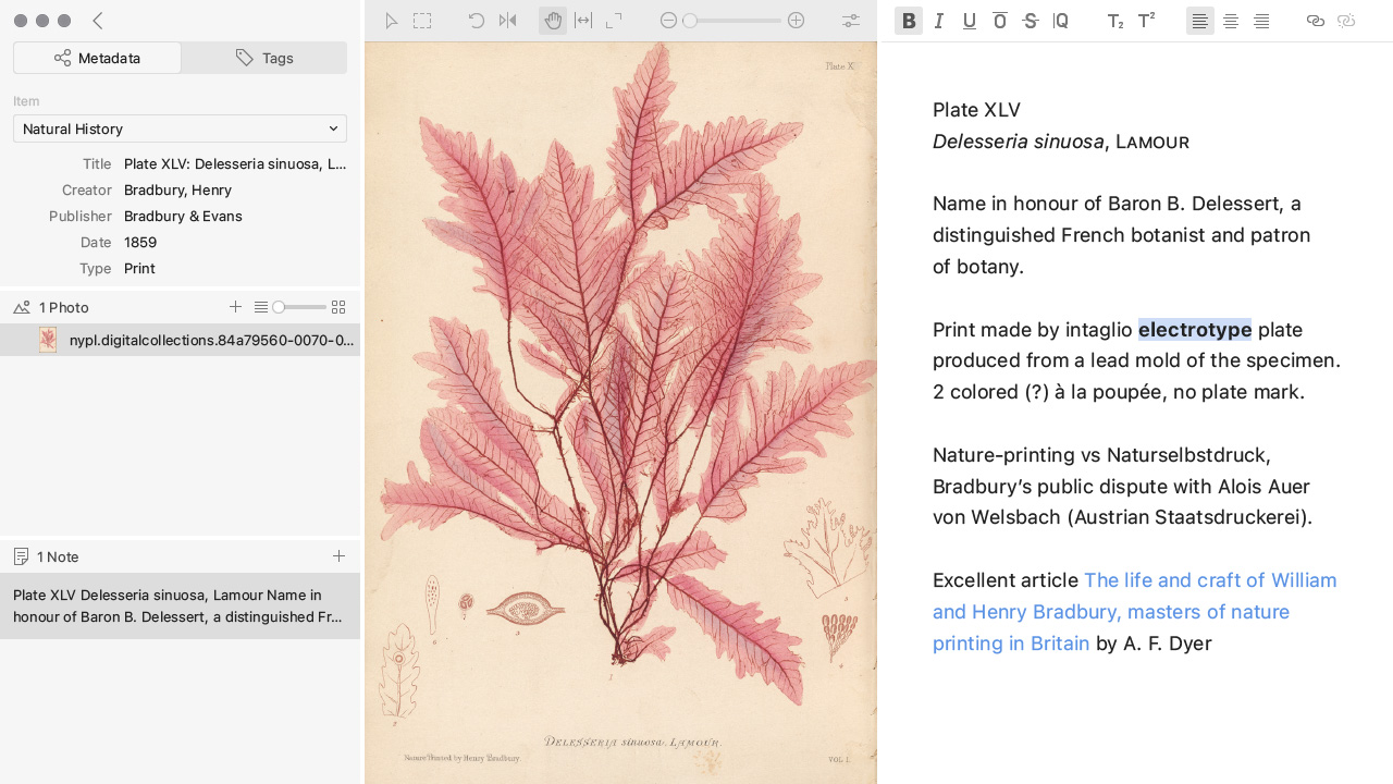 Screenshot of Tropy’s note editor side by side with the image editor.